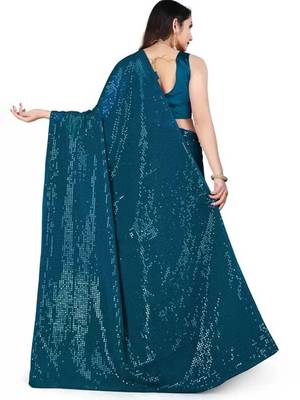 Turquoise embellished sequinned saree 3