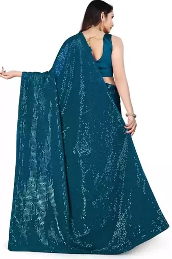 Turquoise embellished sequinned saree