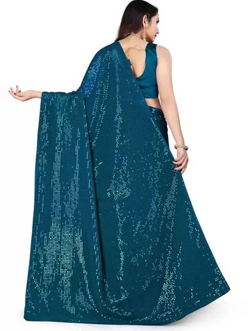 Turquoise embellished sequinned saree