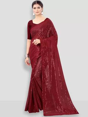 Maroon embellished sequinned poly georgette saree 1