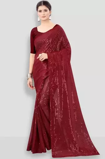 Maroon embellished sequinned poly georgette saree