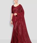 Maroon embellished sequinned poly georgette saree
