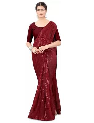 Maroon embellished sequinned poly georgette saree 2