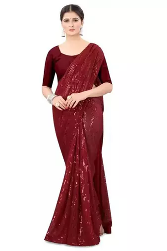 Maroon embellished sequinned poly georgette saree