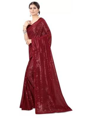 Maroon embellished sequinned poly georgette saree 3
