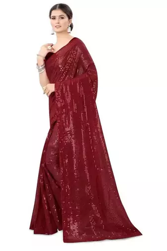 Maroon embellished sequinned poly georgette saree