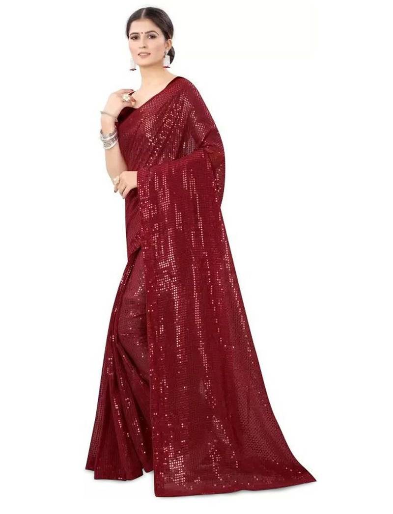 Maroon embellished sequinned poly georgette saree
