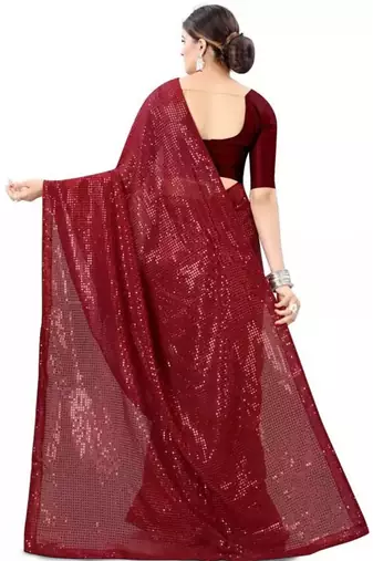 Maroon embellished sequinned poly georgette saree