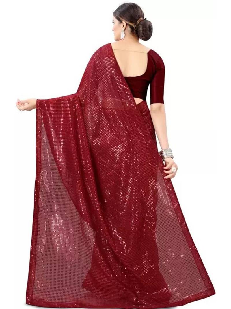 Maroon embellished sequinned poly georgette saree