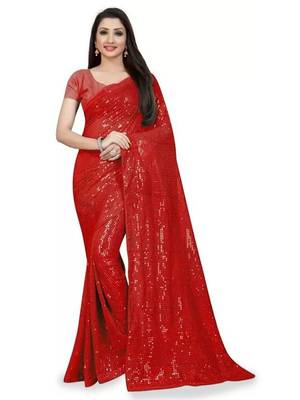 Red embellished sequinned saree 1