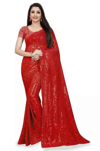 Red embellished sequinned saree