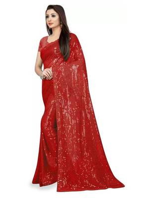 Red embellished sequinned saree 2