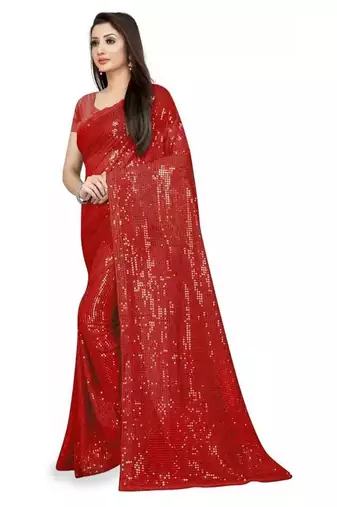 Red embellished sequinned saree