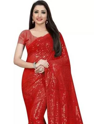 Red embellished sequinned saree 4