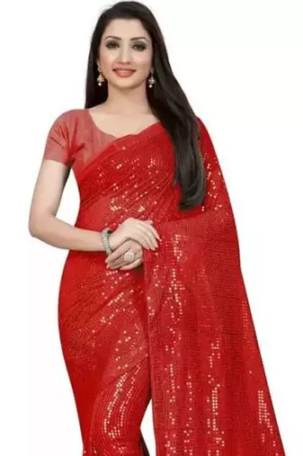 Red embellished sequinned saree