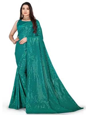 Teal embellished sequinned saree 1