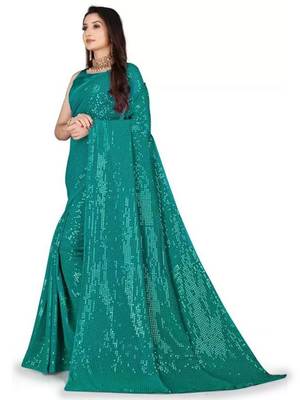 Teal embellished sequinned saree 2
