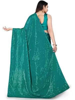 Teal embellished sequinned saree 3