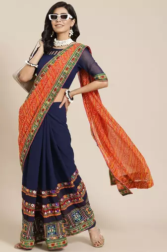 Orange embroidered pure georgette bandhani saree