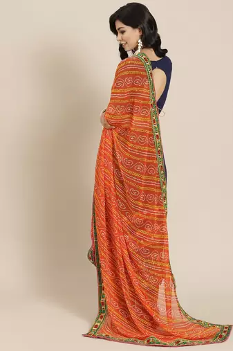 Orange embroidered pure georgette bandhani saree