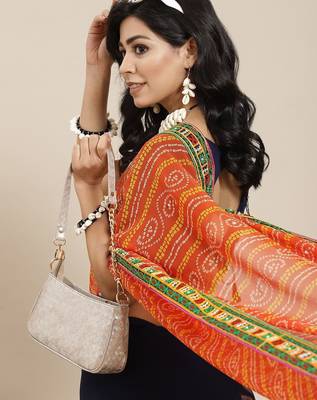 Orange embroidered pure georgette bandhani saree 3