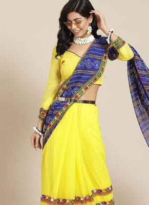Yellow floral embroidered pure georgette bandhani lehenga saree 2
