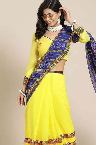 Yellow floral embroidered pure georgette bandhani lehenga saree