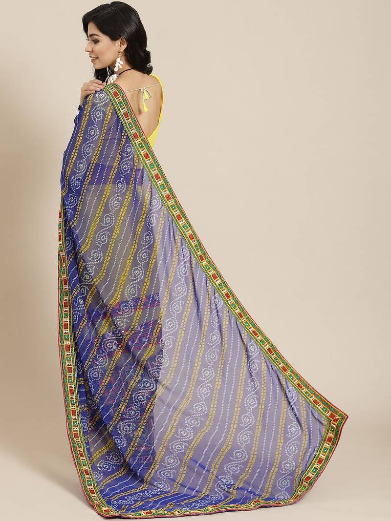 Yellow floral embroidered pure georgette bandhani lehenga saree