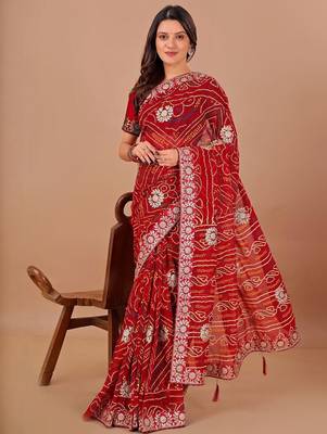 Red bandhani gotta patti poly georgette bandhani saree 1