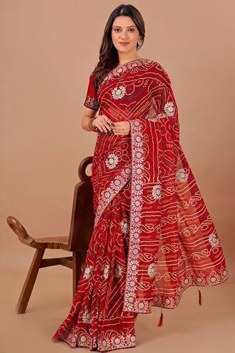 Red bandhani gotta patti poly georgette bandhani saree