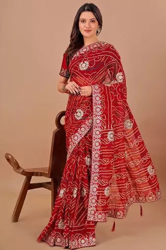 Red bandhani gotta patti poly georgette bandhani saree