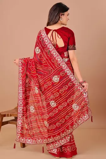 Red bandhani gotta patti poly georgette bandhani saree