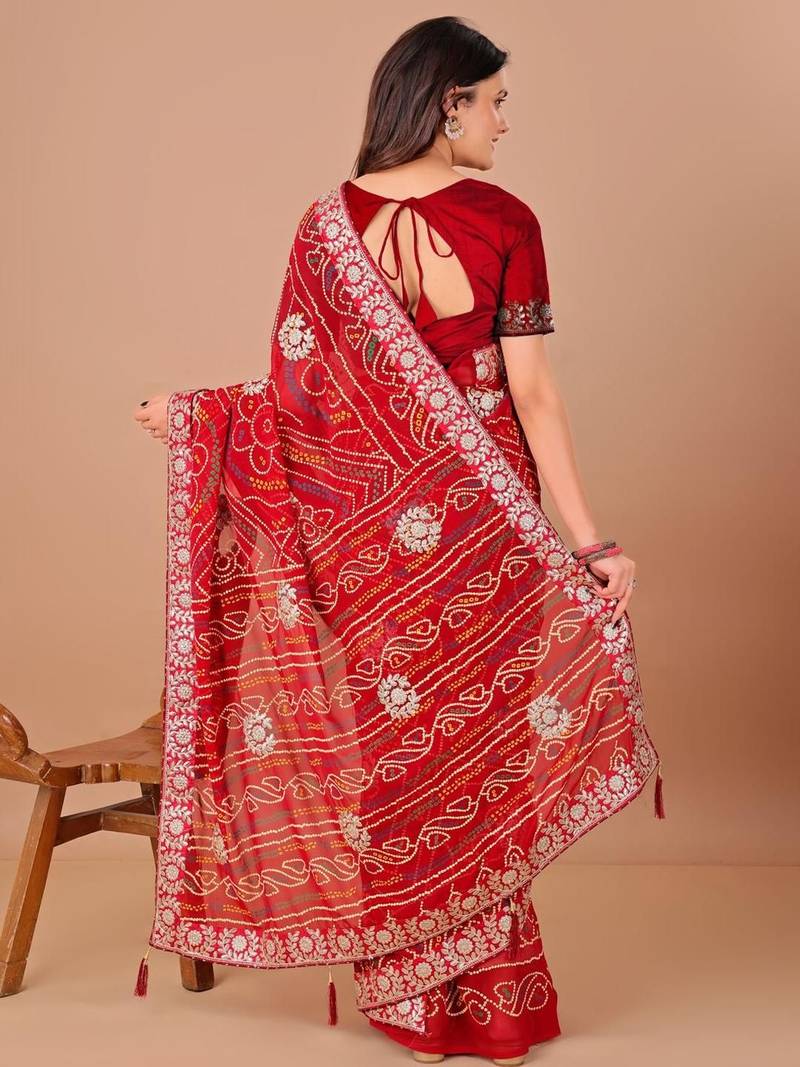 Red bandhani gotta patti poly georgette bandhani saree