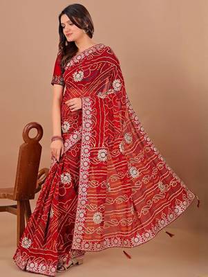 Red bandhani gotta patti poly georgette bandhani saree 3