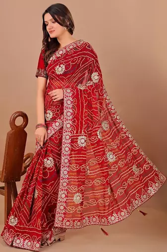 Red bandhani gotta patti poly georgette bandhani saree