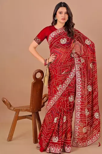 Red bandhani gotta patti poly georgette bandhani saree