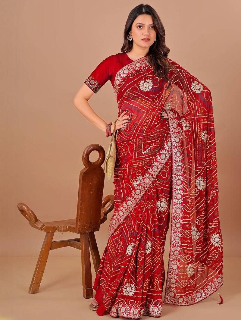 Red bandhani gotta patti poly georgette bandhani saree