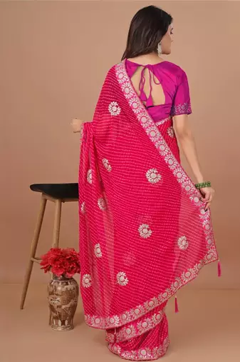 Pink bandhani gotta patti poly georgette designer bandhani saree