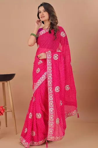 Pink bandhani gotta patti poly georgette designer bandhani saree