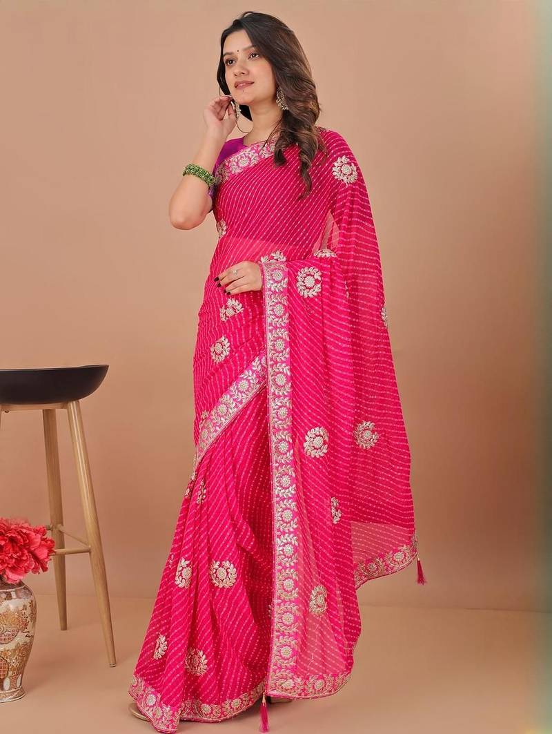 Pink bandhani gotta patti poly georgette designer bandhani saree