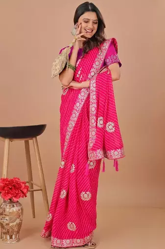 Pink bandhani gotta patti poly georgette designer bandhani saree