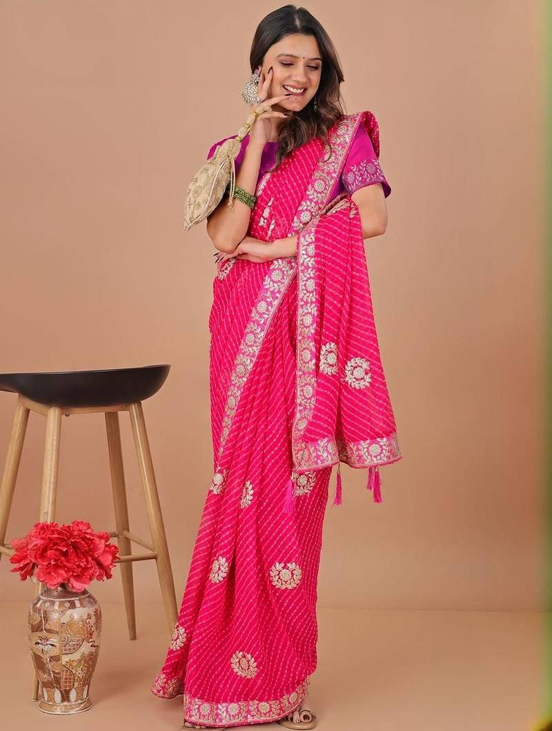 Pink bandhani gotta patti poly georgette designer bandhani saree