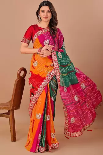 Red bandhani printed gotta patti georgette saree with unstitched blouse piece