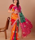 Red bandhani printed gotta patti georgette saree with unstitched blouse piece