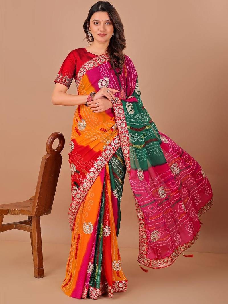 Red bandhani printed gotta patti georgette saree with unstitched blouse piece