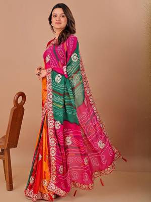 Red bandhani printed gotta patti georgette saree with unstitched blouse piece 2