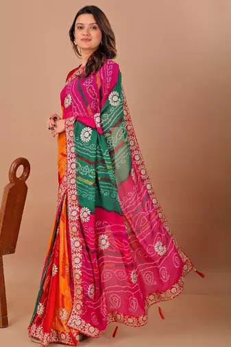 Red bandhani printed gotta patti georgette saree with unstitched blouse piece