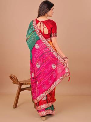Red bandhani printed gotta patti georgette saree with unstitched blouse piece 3
