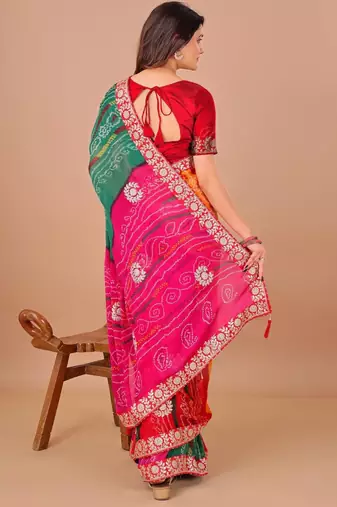 Red bandhani printed gotta patti georgette saree with unstitched blouse piece