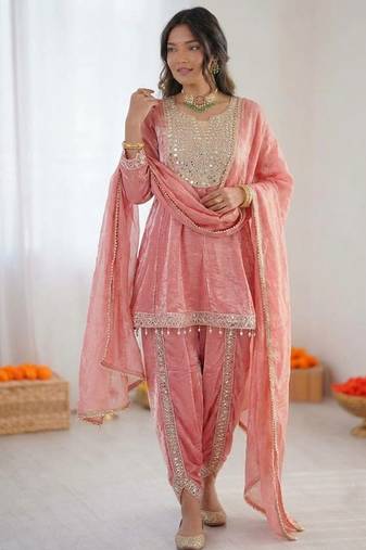 light Onion Pink Art Silk Thread with Mirror Dhoti Suit 